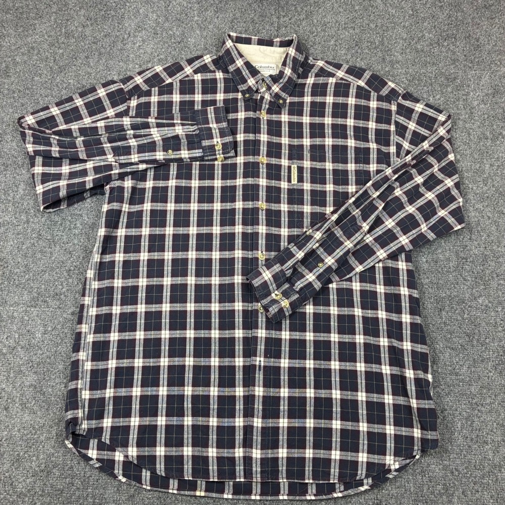 VTG Columbia Mens Large Plaid Button Down Shirt Navy Burgundy Cotton Long Sleeve